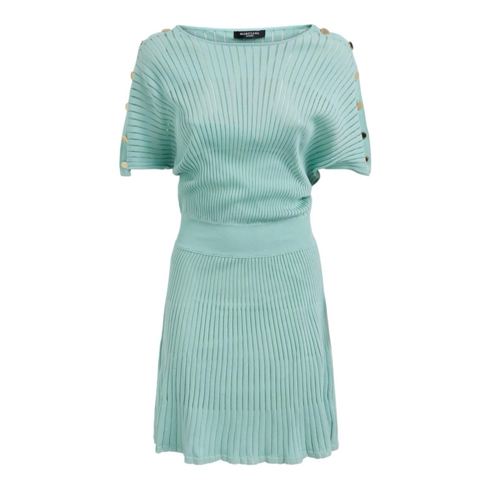 Guess Marciano Size S Ribbed & Sheer Flare Button Shoulder Dress - Turquoise